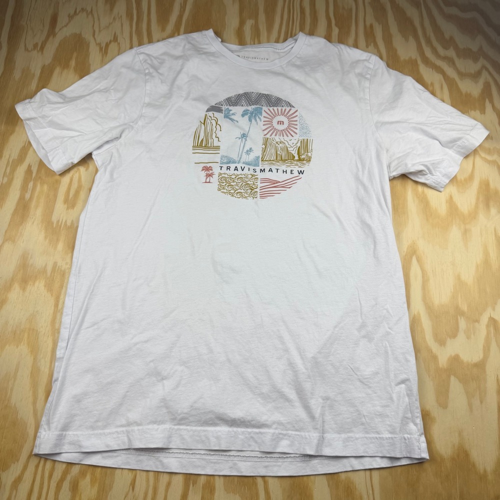 TravisMathew Mens White Graphic T-Shirt Palm Tree Wave Circle Logo Large